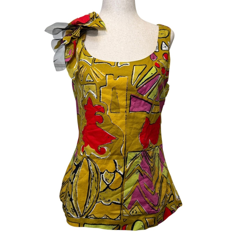 Edme & Esyllte Women Top 2 Yellow Abstract Floral Shoulder Art Deco Retro Boho